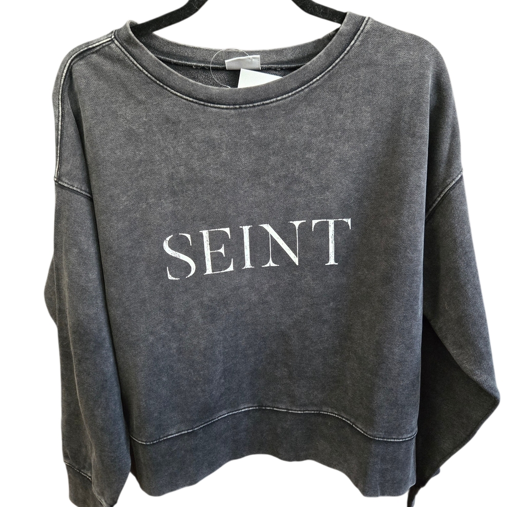 SEINT Womens Medium Cropped Graphic Sweatshirt Charcoal Wash NWT